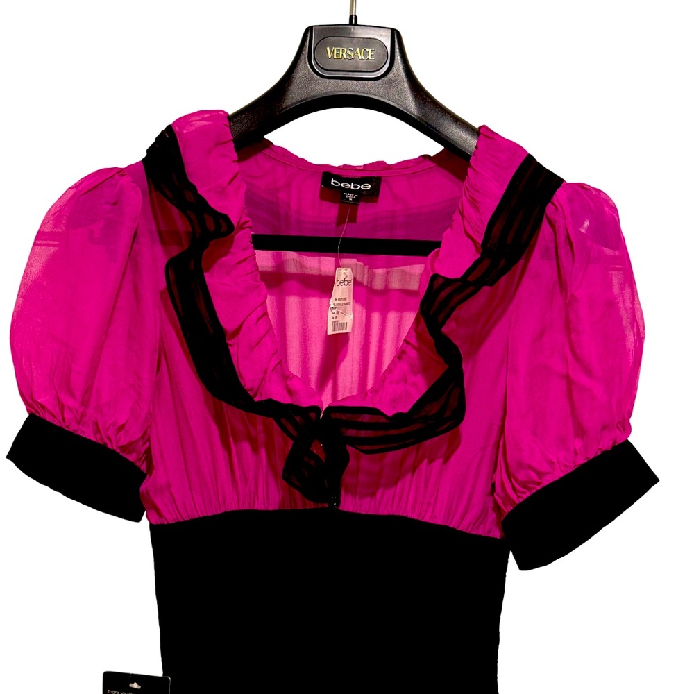 Bebe NWT Size M Pretty Pink Purple Black Silk High Waisted Ruffled Dress. (0573) - Picture 3 of 16
